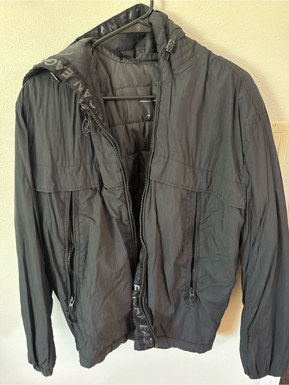 American Eagle Outfitters Black Hooded Windbreaker Jacket
